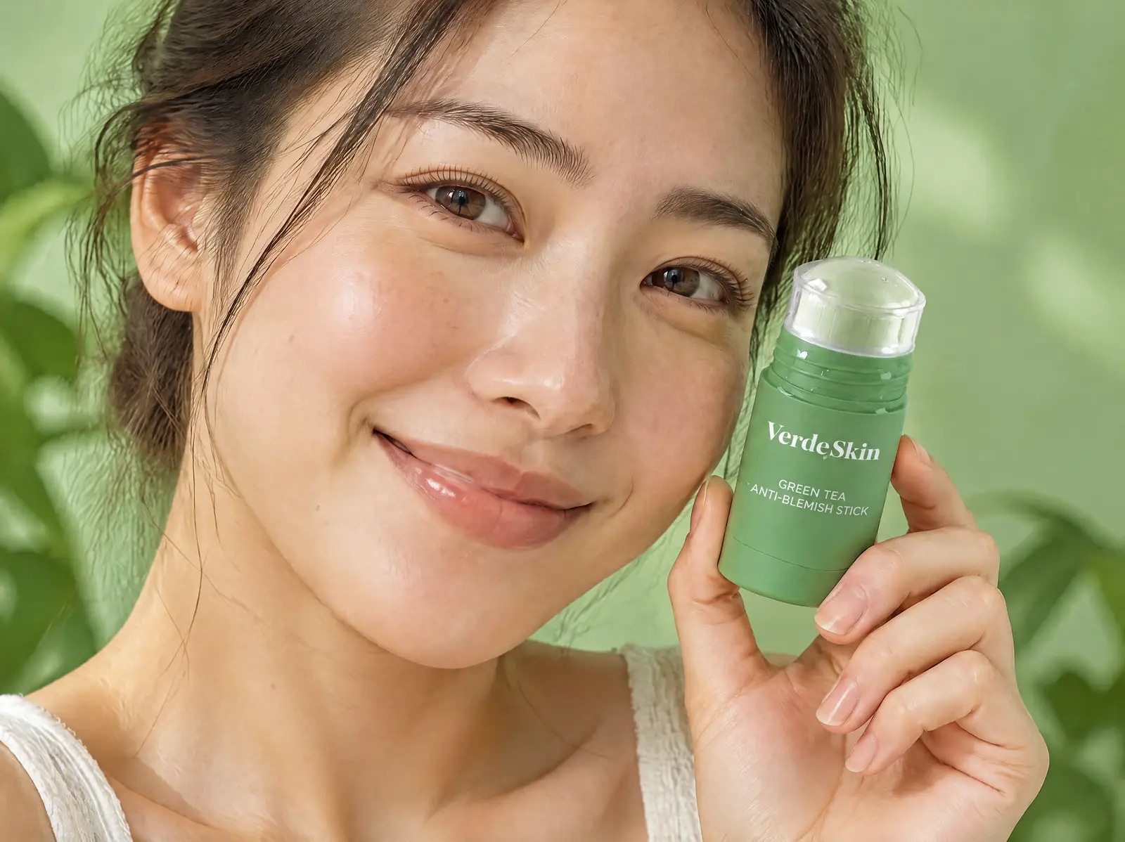 Smiling woman with clear-looking skin holding a VerdeSkin stick