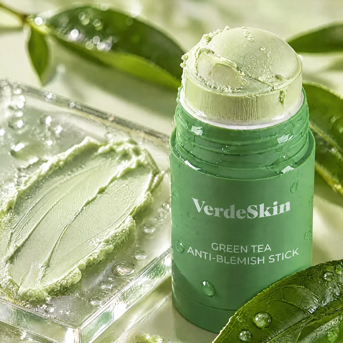 Creamy green tea mask texture next to the VerdeSkin stick